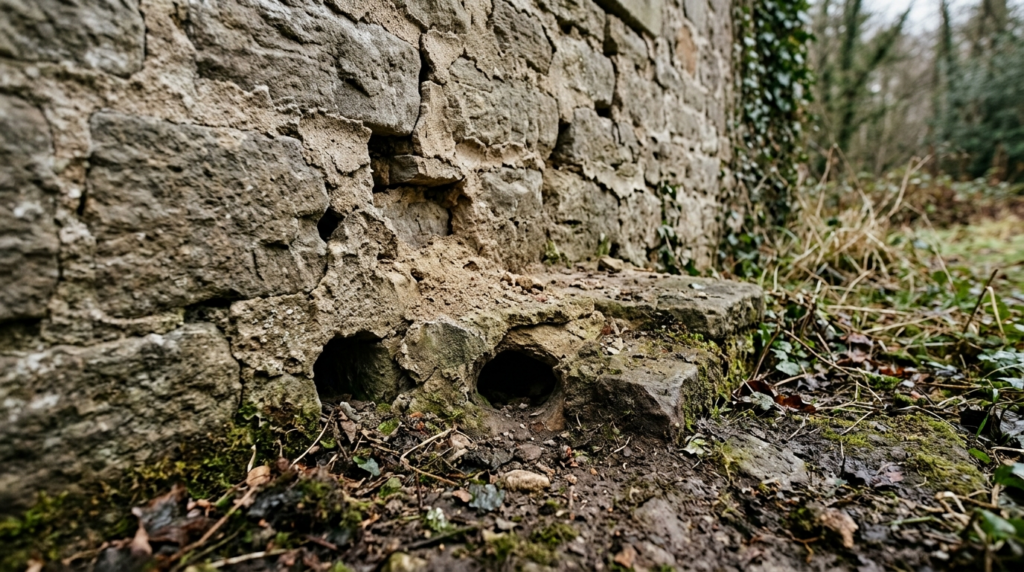 Close-up photorealistic image of a stone house exterior foun