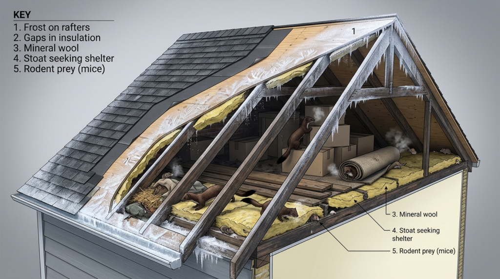 Cutaway technical illustration style photograph of an attic 